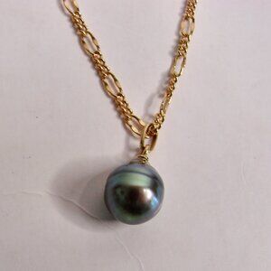 Tahitian Cultured Pearl Necklace Genuine with COA Peacock Pearl Colour 17" NEW
